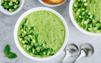 Cucumber Gazpacho. Green fresh cold summer soup. Top view