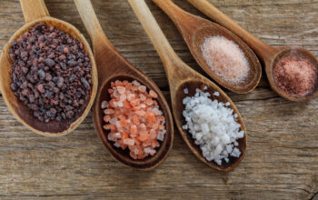 Variety of salts in wooden spoons
